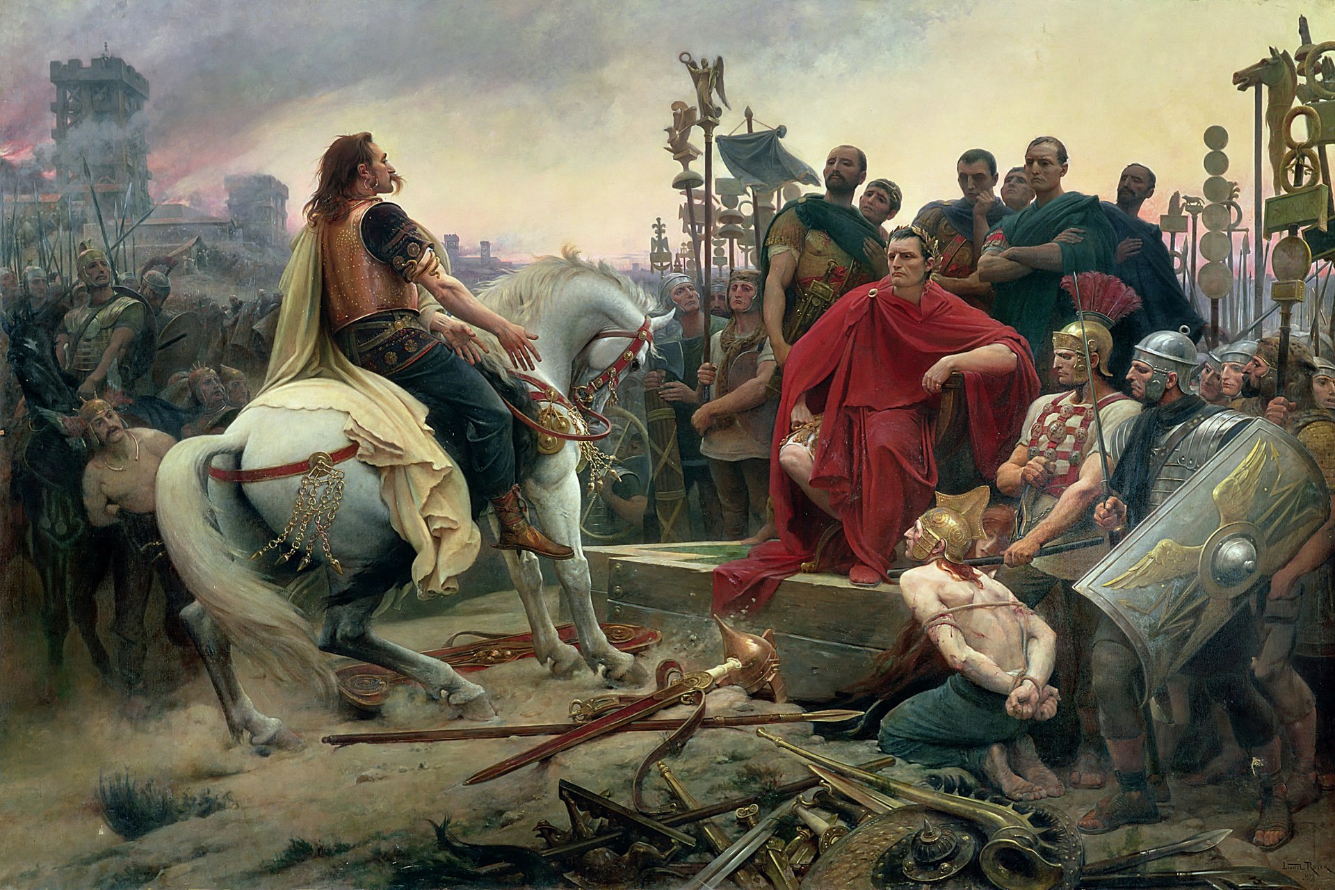 Obraz przedstawiający Wercyngetoryksa na białym koniu składającego broń przed siedzącym na tronie Juliuszem Cezarem. W tle rzymscy legioniści i zdobyta twierdza Alezja.