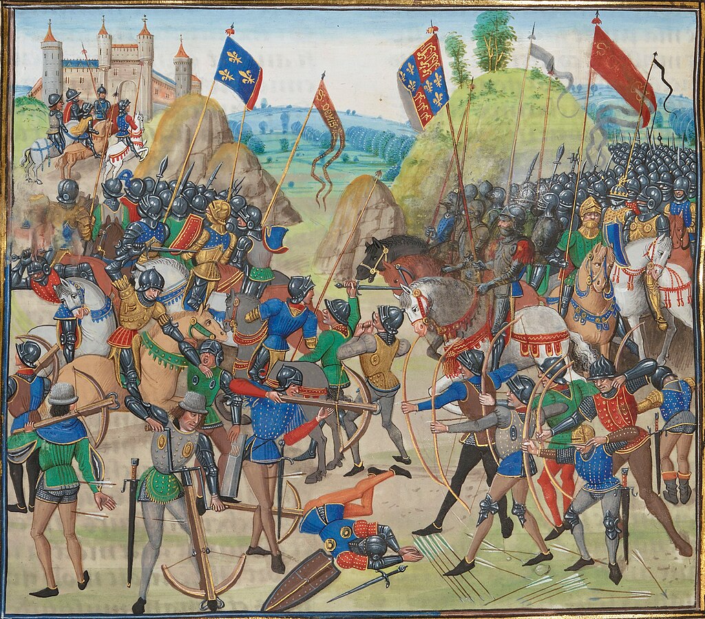 Ilustracja przedstawiająca bitwę pod Crécy z 1346 roku. Angielscy łucznicy strzelają do nacierających francuskich rycerzy. Średniowieczna miniatura ukazuje chaos walki, ciężkozbrojnych jeźdźców, kuszników i sztandary obu armii.