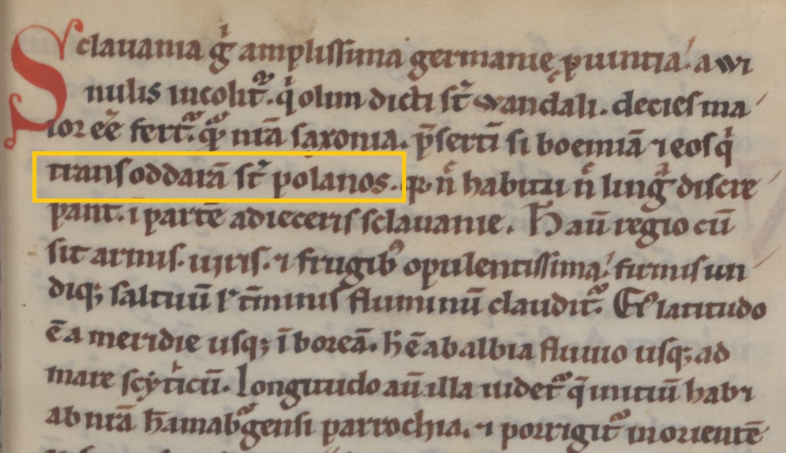 Fragment średniowiecznego manuskryptu "Gesta Hammaburgensis ecclesiae pontificum" Adama z Bremy, zawierający łacińskie określenie "trans Oddaram sive Polanos".