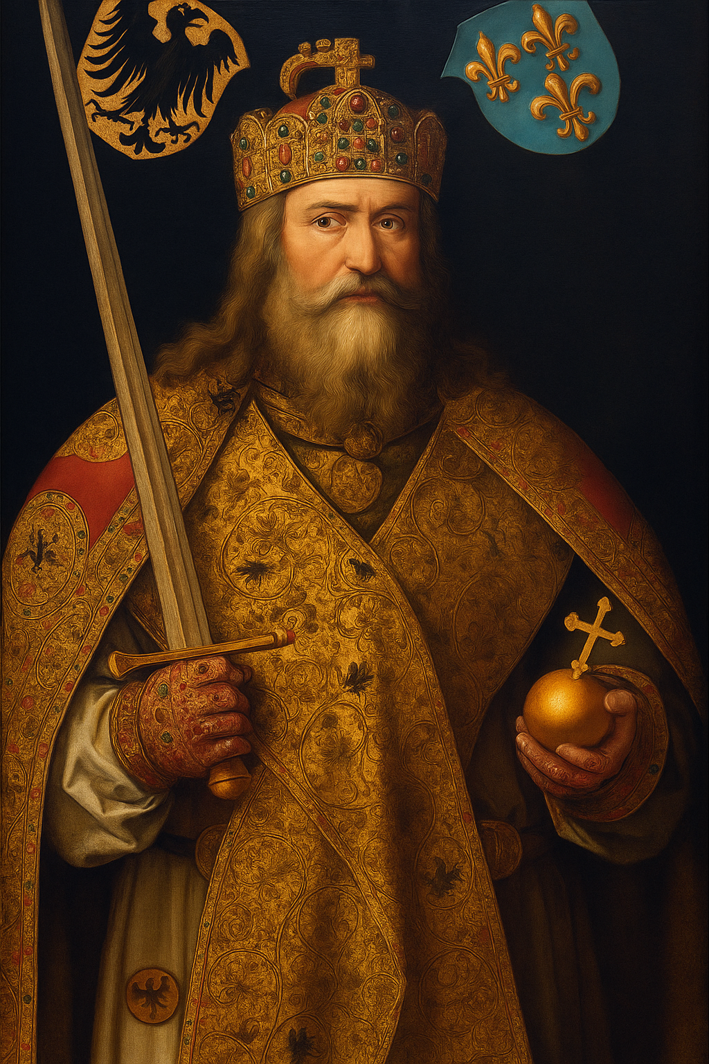 Portret Karola Wielkiego w stylu renesansowego malarstwa olejnego. Cesarz przedstawiony w bogato zdobionym płaszczu, z mieczem w prawej dłoni i jabłkiem królewskim zwieńczonym krzyżem w lewej. Na głowie ma koronę wysadzaną kamieniami szlachetnymi. Tło ciemne, z herbami cesarstwa i monarchii frankijskiej.