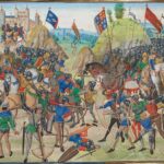 Ilustracja przedstawiająca bitwę pod Crécy z 1346 roku. Angielscy łucznicy strzelają do nacierających francuskich rycerzy. Średniowieczna miniatura ukazuje chaos walki, ciężkozbrojnych jeźdźców, kuszników i sztandary obu armii.